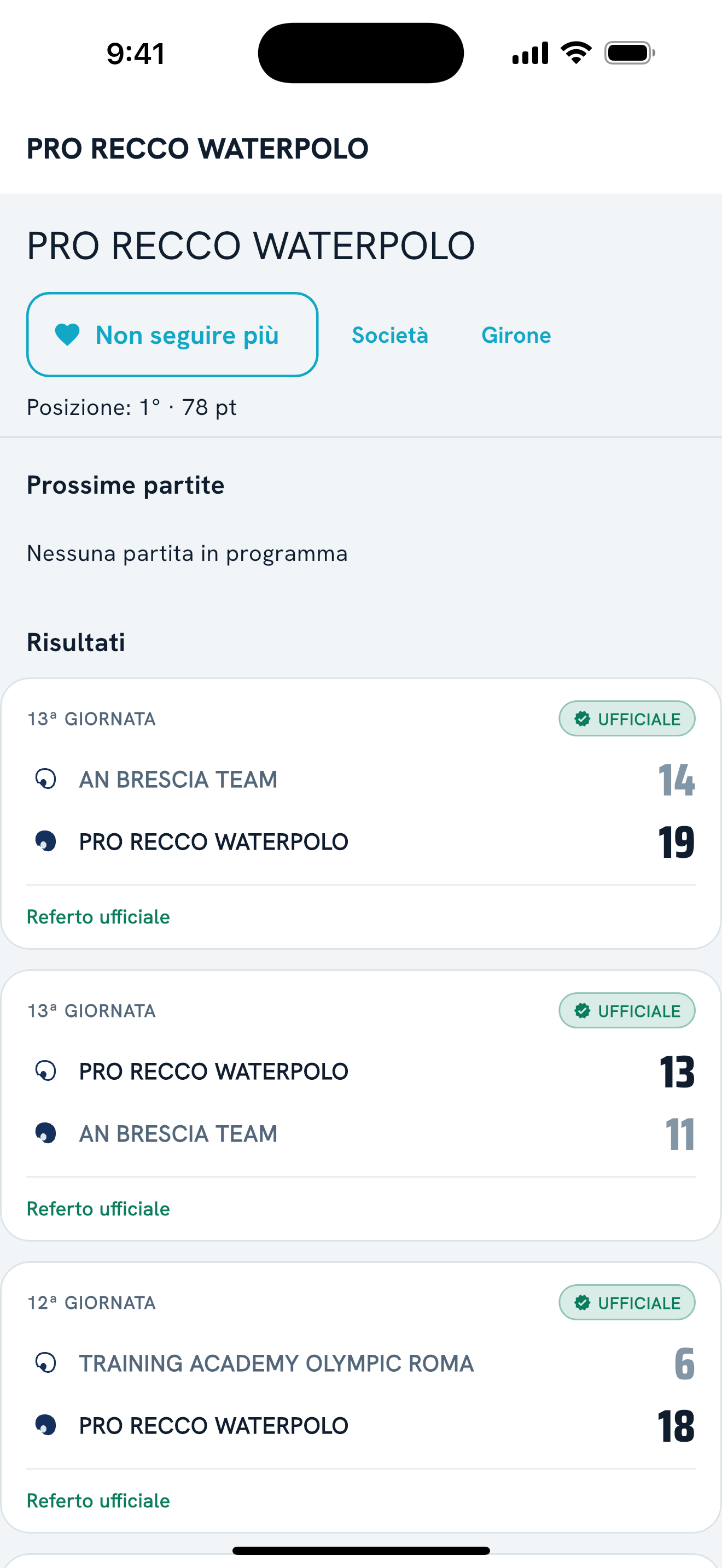 Schermata Calottina con profilo squadra